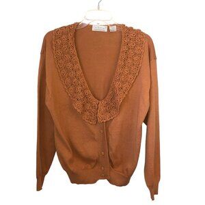 Dividends Sweater Long Sleeve Knit Cardigan with a Crochet Collar Sandstone Sz L